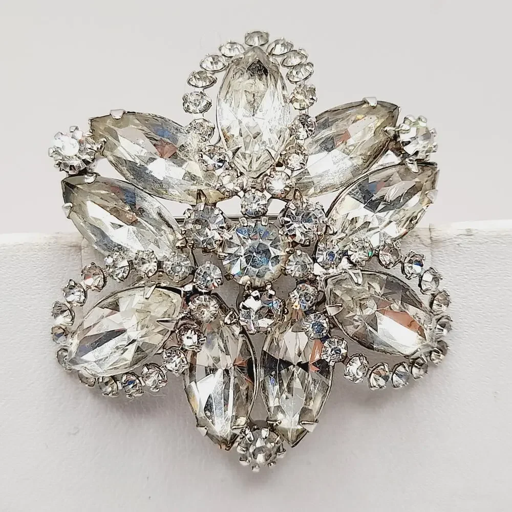 Vintage Clear Rhinestone Flower Brooch Rhodium Plated Sparkling 1.5 Inch